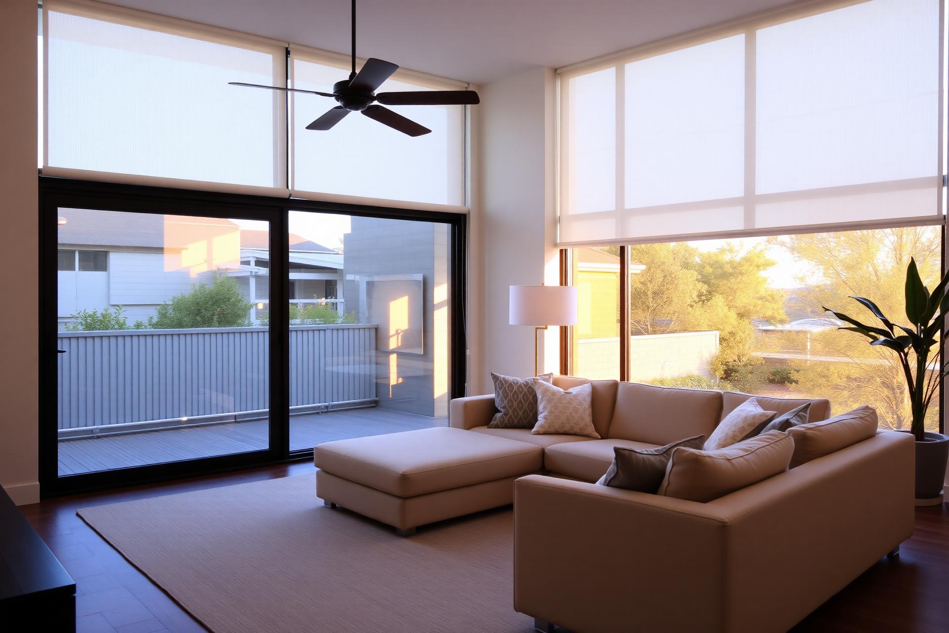 Custom roller blinds installed in a modern Brisbane living room by AA Blinds & Awnings